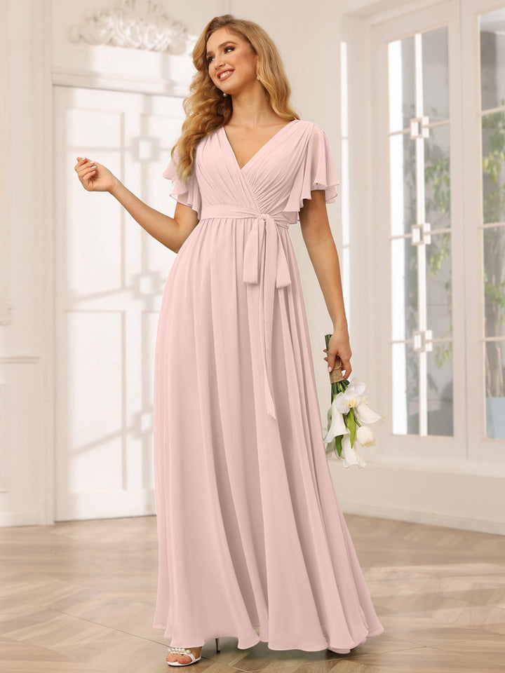 Ligne A/Princesse Col en V Manches Courtes La Longueur du Sol Robes de Demoiselle d'Honneur avec Ceinture