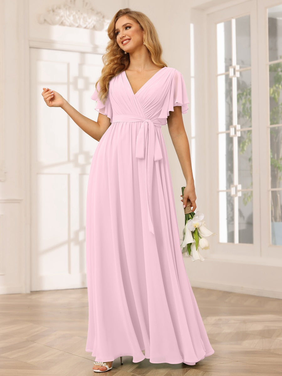 Ligne A/Princesse Col en V Manches Courtes La Longueur du Sol Robes de Demoiselle d'Honneur avec Ceinture