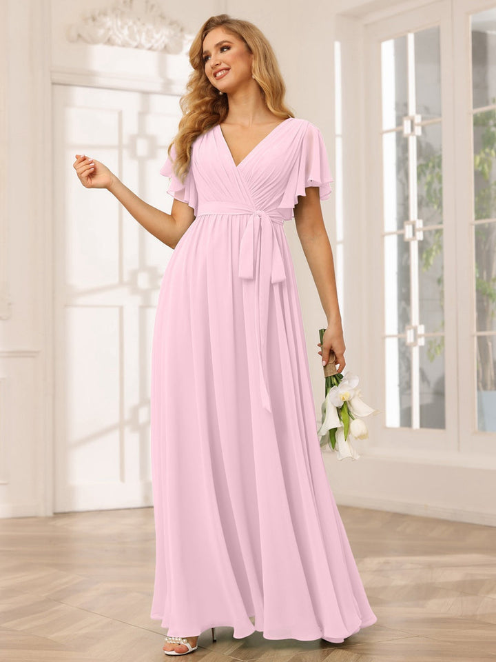 Ligne A/Princesse Col en V Manches Courtes La Longueur du Sol Robes de Demoiselle d'Honneur avec Ceinture