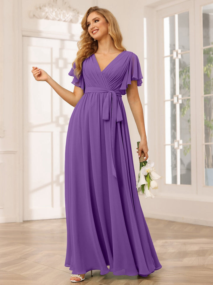 Ligne A/Princesse Col en V Manches Courtes La Longueur du Sol Robes de Demoiselle d'Honneur avec Ceinture