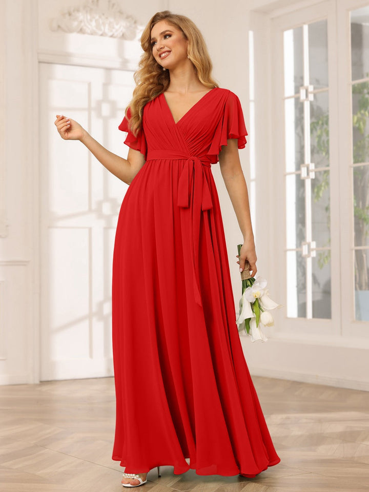 Ligne A/Princesse Col en V Manches Courtes La Longueur du Sol Robes de Demoiselle d'Honneur avec Ceinture