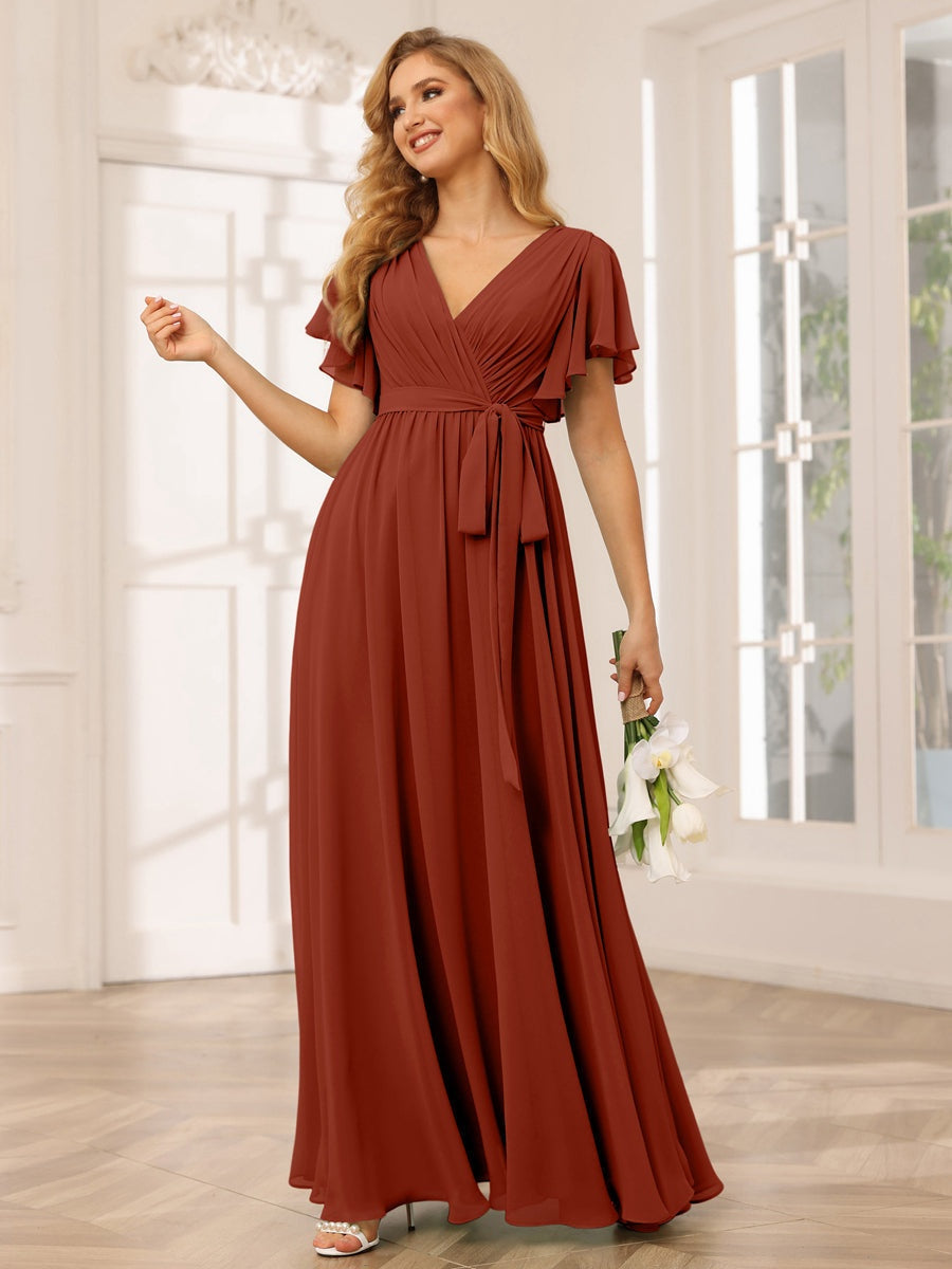 Ligne A/Princesse Col en V Manches Courtes La Longueur du Sol Robes de Demoiselle d'Honneur avec Ceinture