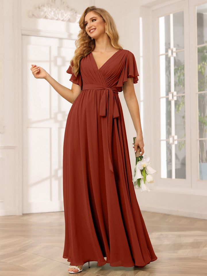 Ligne A/Princesse Col en V Manches Courtes La Longueur du Sol Robes de Demoiselle d'Honneur avec Ceinture