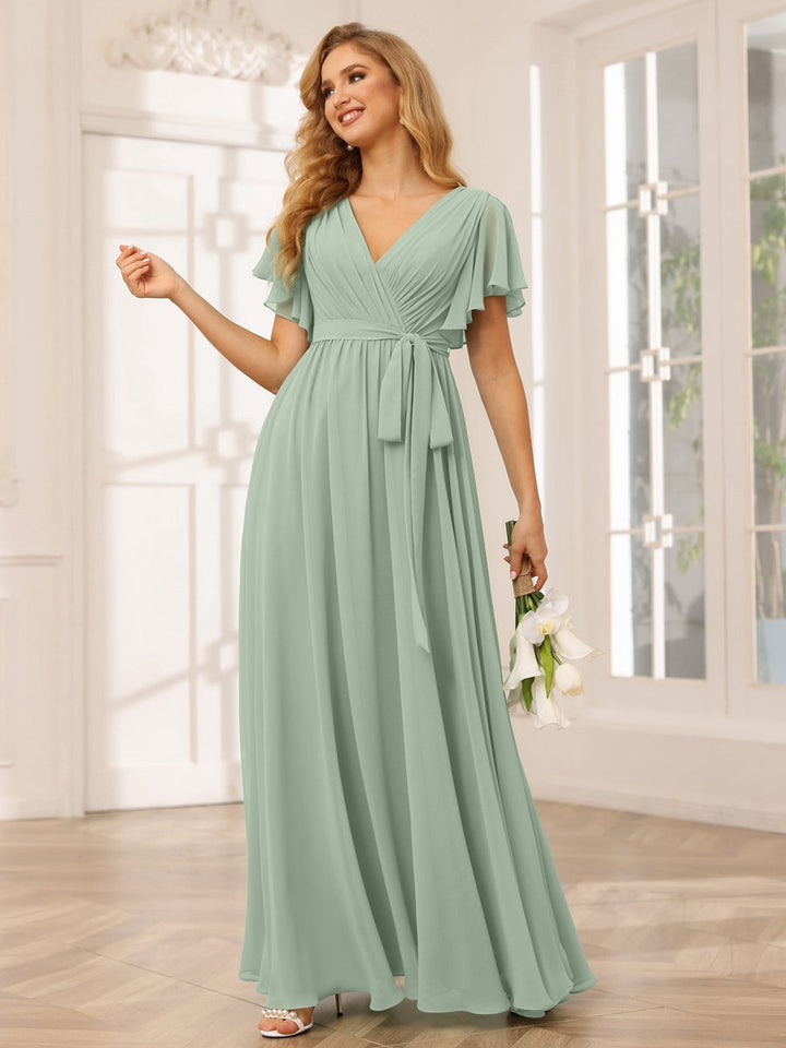 Ligne A/Princesse Col en V Manches Courtes La Longueur du Sol Robes de Demoiselle d'Honneur avec Ceinture
