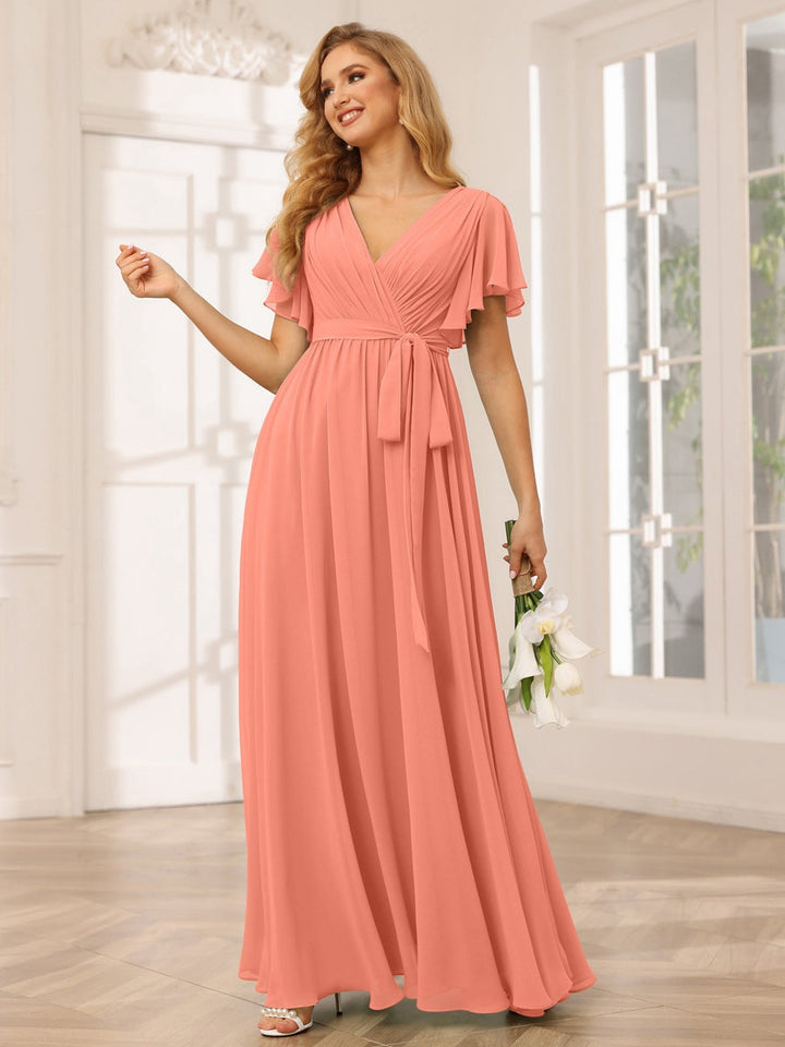 Ligne A/Princesse Col en V Manches Courtes La Longueur du Sol Robes de Demoiselle d'Honneur avec Ceinture