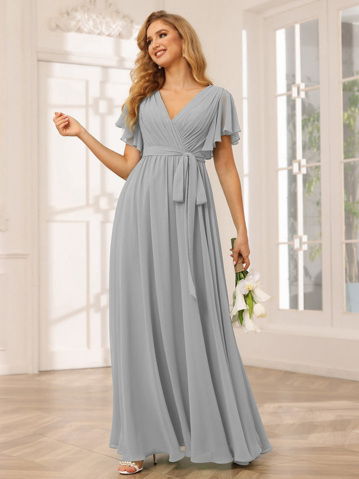 Ligne A/Princesse Col en V Manches Courtes La Longueur du Sol Robes de Demoiselle d'Honneur avec Ceinture