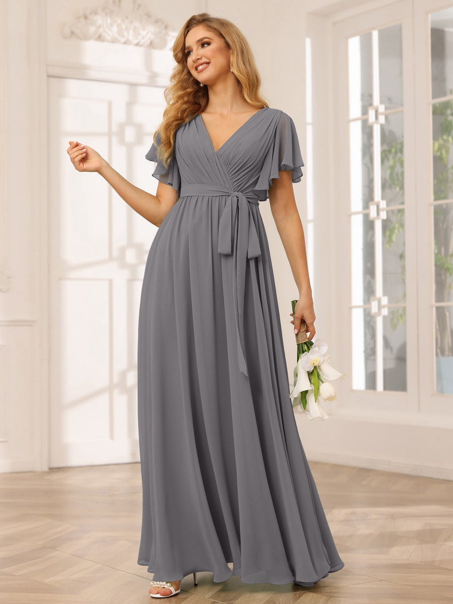 Ligne A/Princesse Col en V Manches Courtes La Longueur du Sol Robes de Demoiselle d'Honneur avec Ceinture
