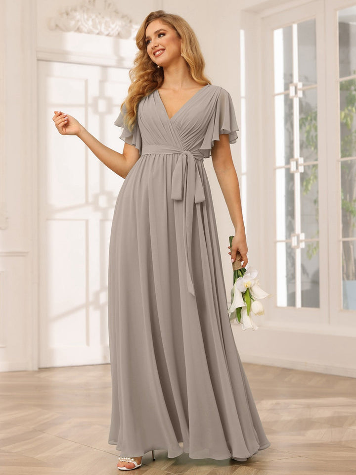 Ligne A/Princesse Col en V Manches Courtes La Longueur du Sol Robes de Demoiselle d'Honneur avec Ceinture
