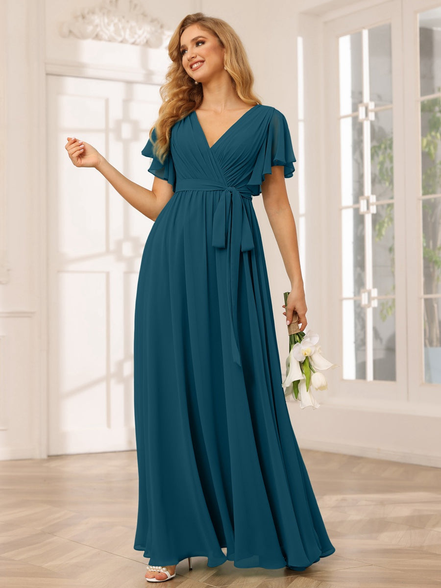 Ligne A/Princesse Col en V Manches Courtes La Longueur du Sol Robes de Demoiselle d'Honneur avec Ceinture