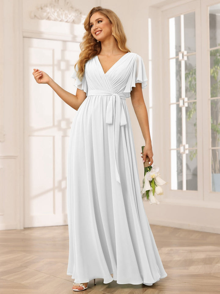 Ligne A/Princesse Col en V Manches Courtes La Longueur du Sol Robes de Demoiselle d'Honneur avec Ceinture