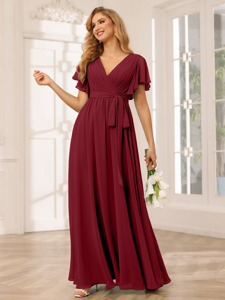 Ligne A/Princesse Col en V Manches Courtes La Longueur du Sol Robes de Demoiselle d'Honneur avec Ceinture