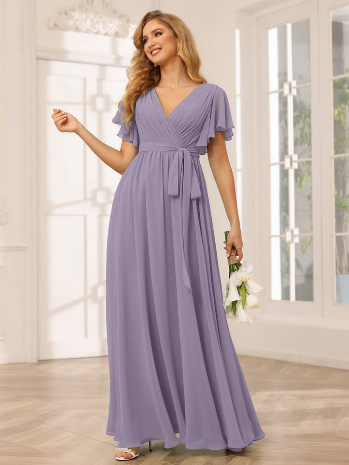 Ligne A/Princesse Col en V Manches Courtes La Longueur du Sol Robes de Demoiselle d'Honneur avec Ceinture
