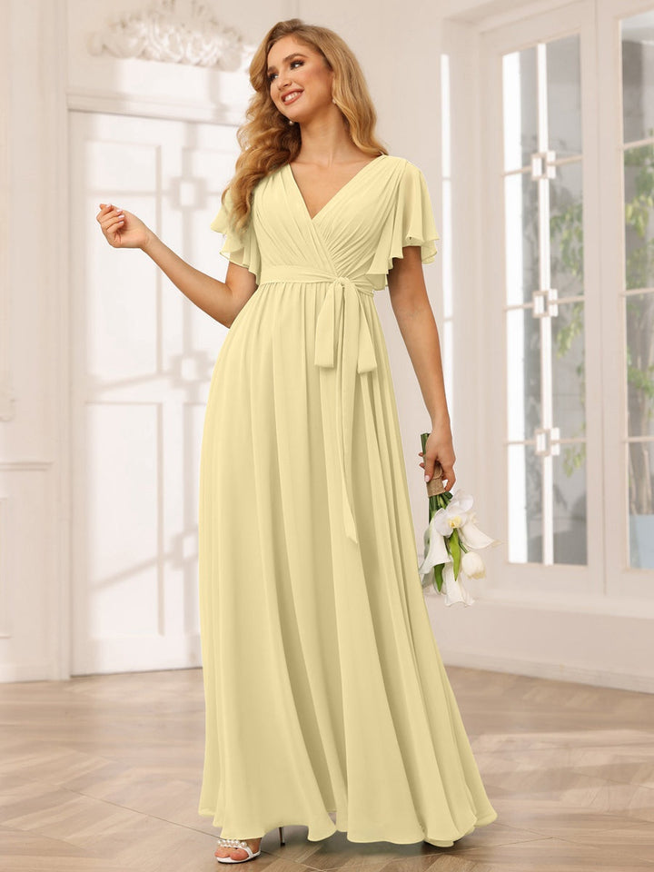 Ligne A/Princesse Col en V Manches Courtes La Longueur du Sol Robes de Demoiselle d'Honneur avec Ceinture