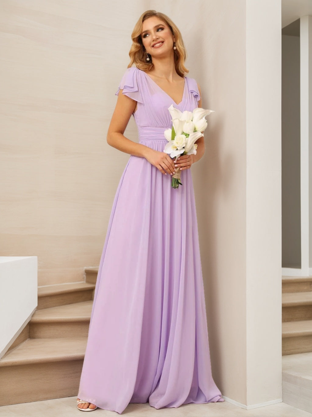 Ligne A/Princesse Col en V Manches Courtes Long Robes de Demoiselle d'Honneur avec Froufrous