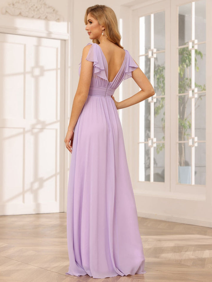 Ligne A/Princesse Col en V Manches Courtes Long Robes de Demoiselle d'Honneur avec Froufrous