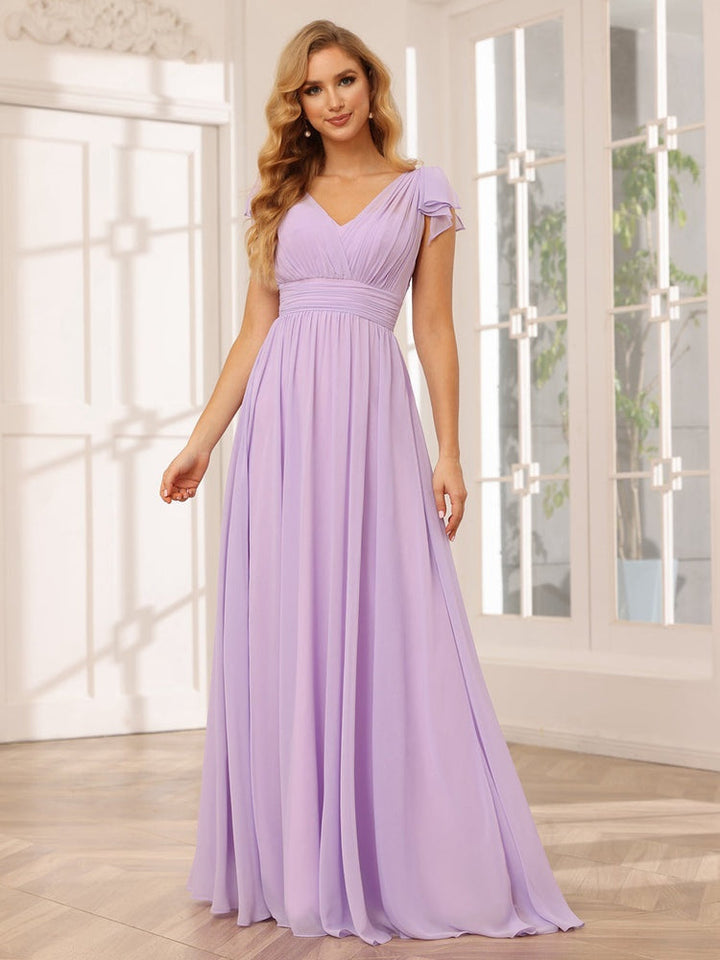 Ligne A/Princesse Col en V Manches Courtes Long Robes de Demoiselle d'Honneur avec Froufrous
