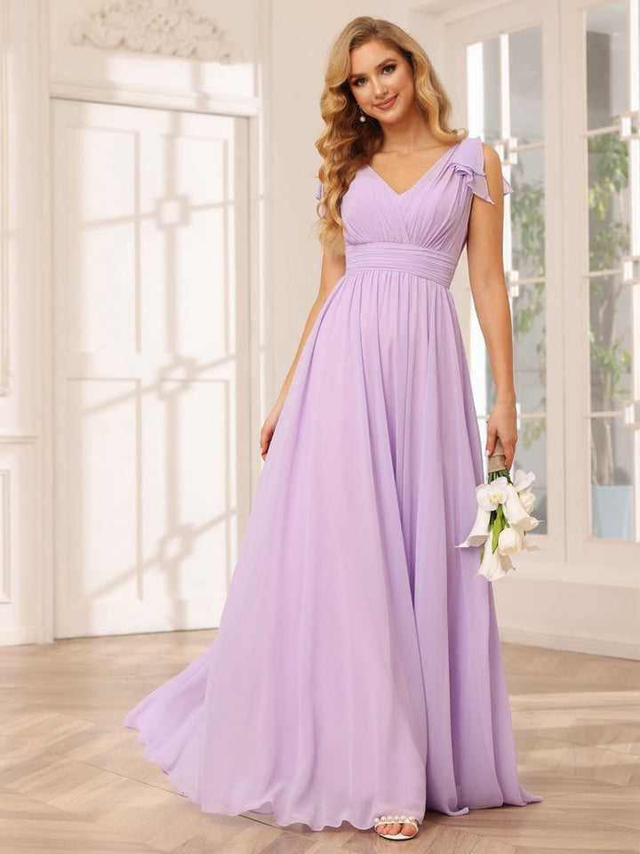 Ligne A/Princesse Col en V Manches Courtes Long Robes de Demoiselle d'Honneur avec Froufrous