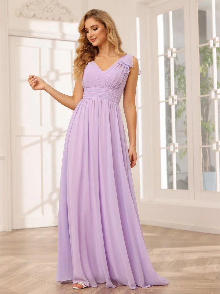Ligne A/Princesse Col en V Manches Courtes Long Robes de Demoiselle d'Honneur avec Froufrous