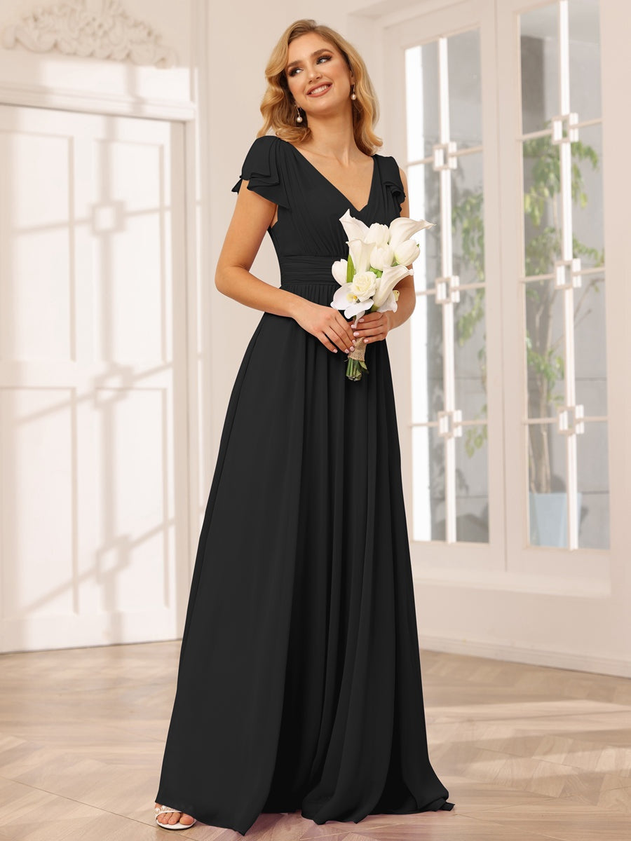 Ligne A/Princesse Col en V Manches Courtes Long Robes de Demoiselle d'Honneur avec Froufrous