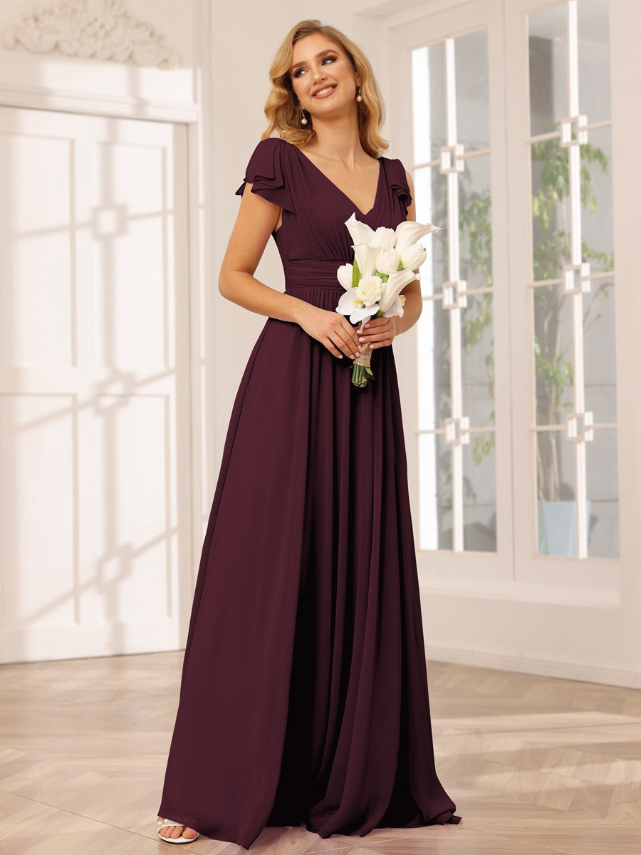 Ligne A/Princesse Col en V Manches Courtes Long Robes de Demoiselle d'Honneur avec Froufrous