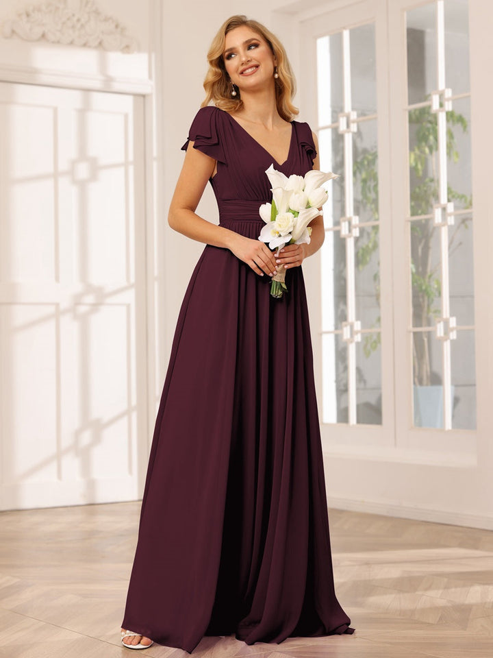 Ligne A/Princesse Col en V Manches Courtes Long Robes de Demoiselle d'Honneur avec Froufrous