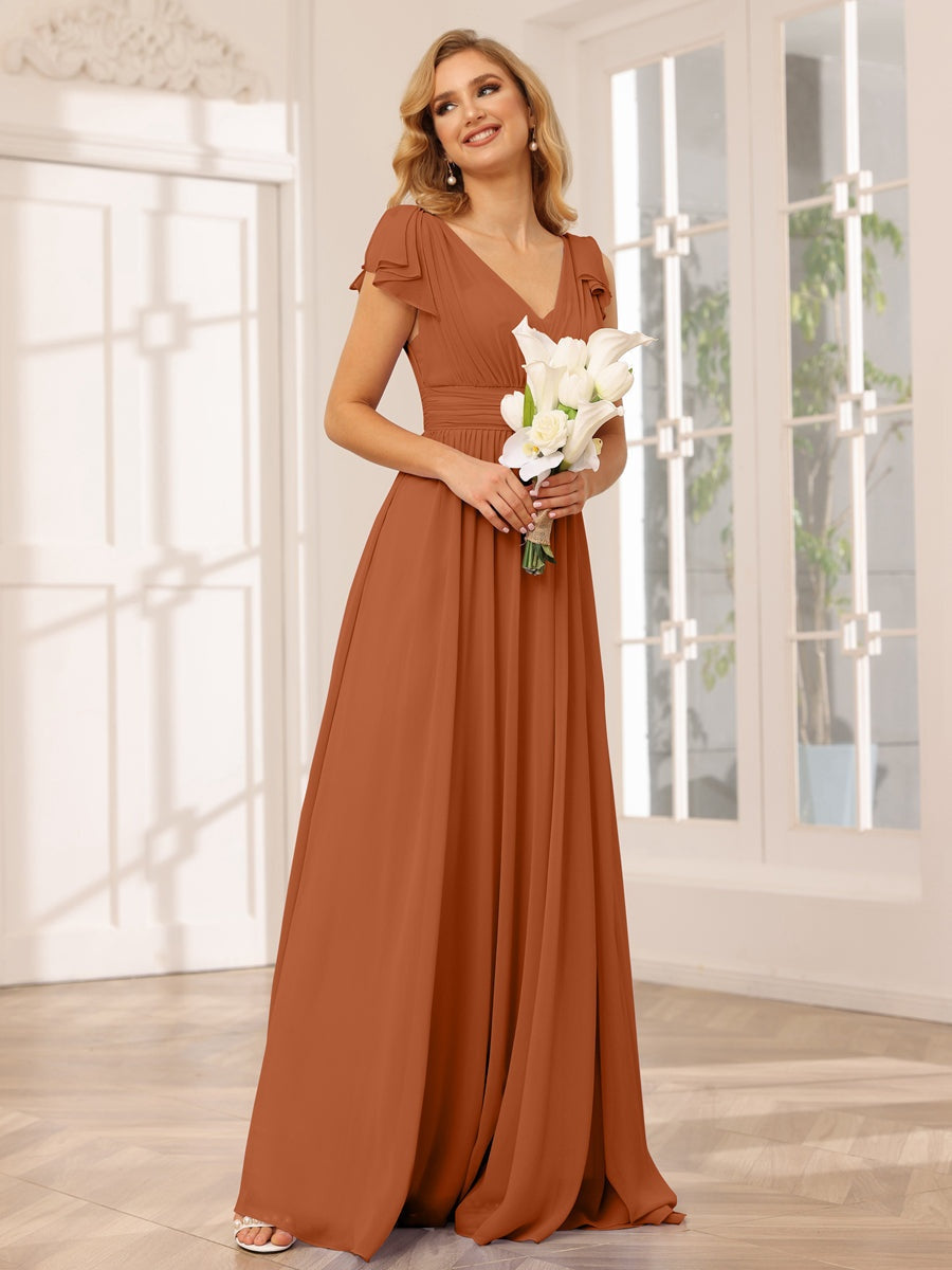 Ligne A/Princesse Col en V Manches Courtes Long Robes de Demoiselle d'Honneur avec Froufrous