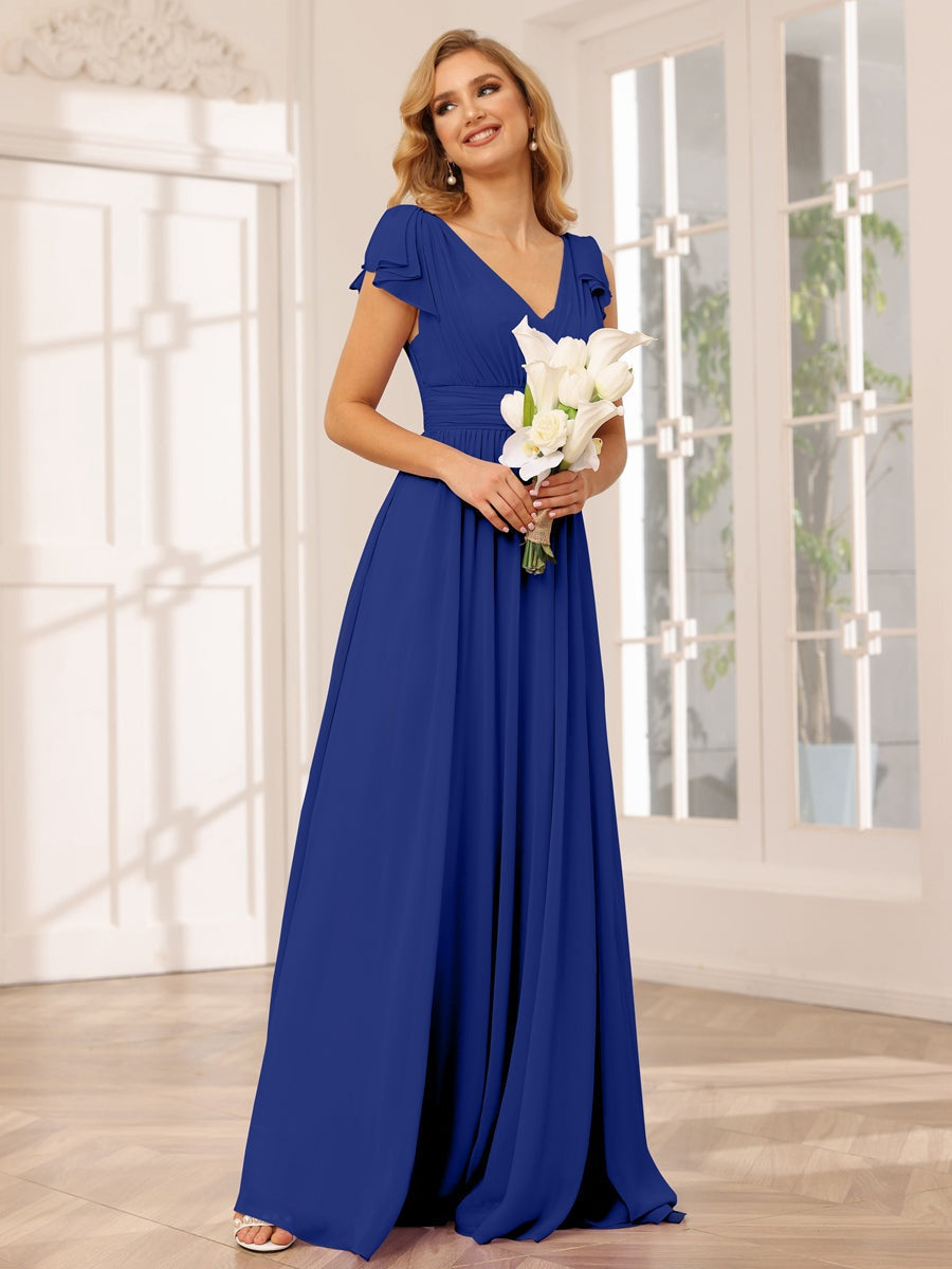 Ligne A/Princesse Col en V Manches Courtes Long Robes de Demoiselle d'Honneur avec Froufrous