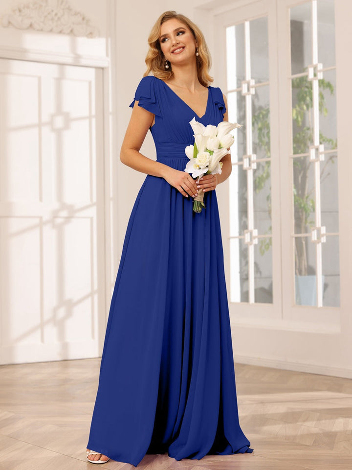 Ligne A/Princesse Col en V Manches Courtes Long Robes de Demoiselle d'Honneur avec Froufrous