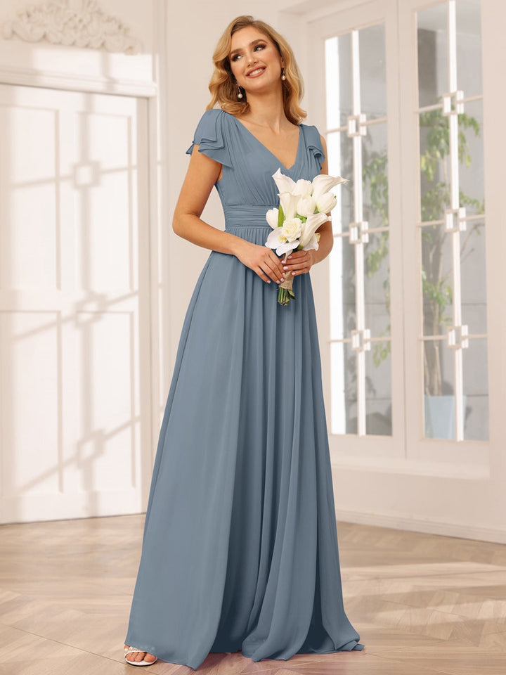 Ligne A/Princesse Col en V Manches Courtes Long Robes de Demoiselle d'Honneur avec Froufrous