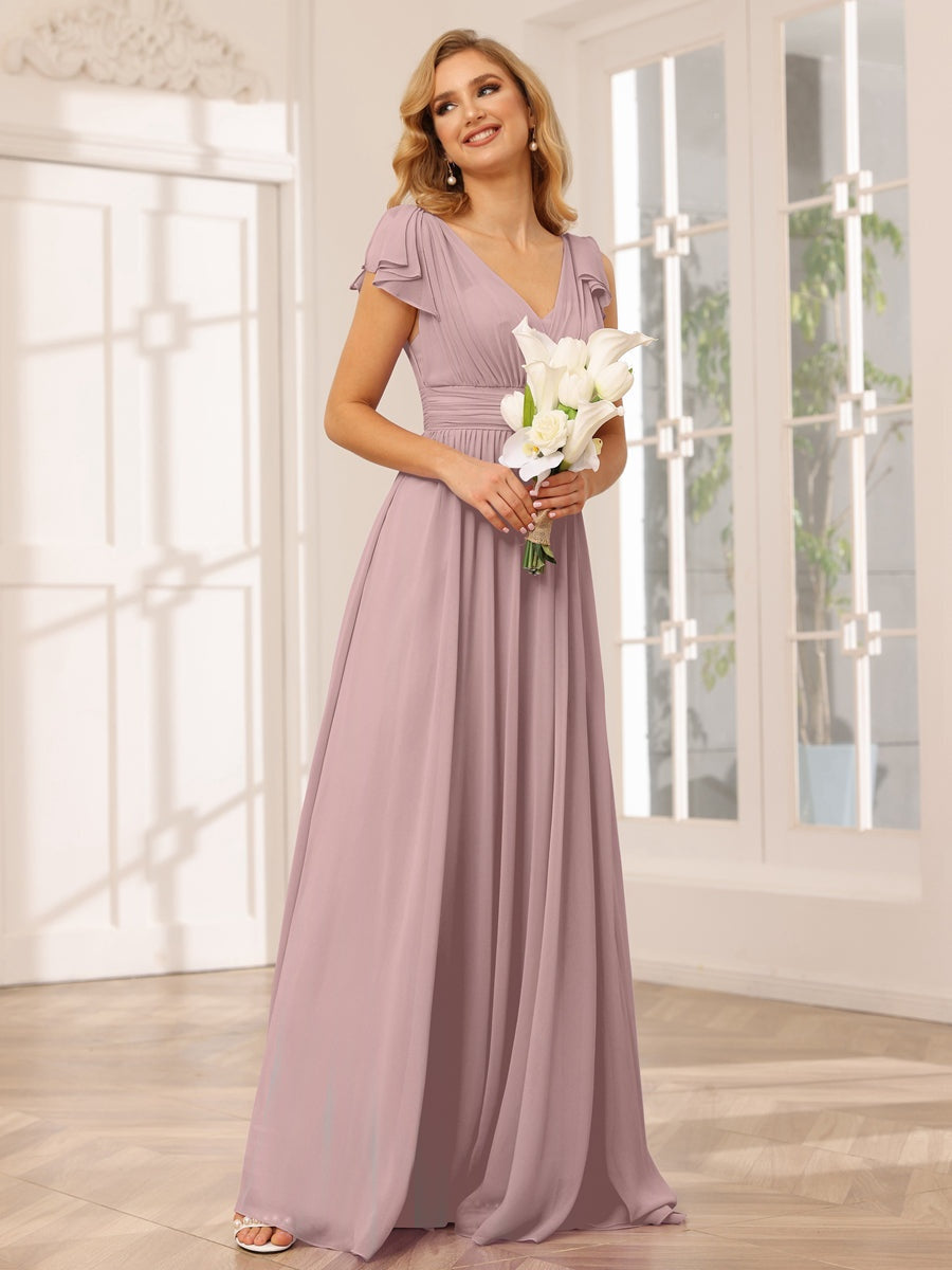Ligne A/Princesse Col en V Manches Courtes Long Robes de Demoiselle d'Honneur avec Froufrous