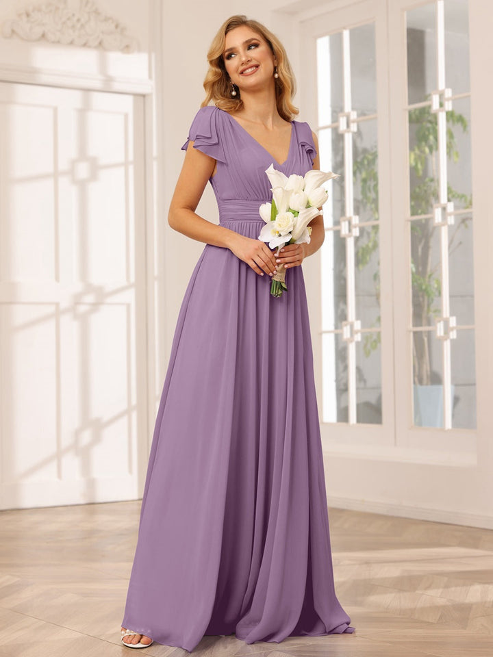 Ligne A/Princesse Col en V Manches Courtes Long Robes de Demoiselle d'Honneur avec Froufrous