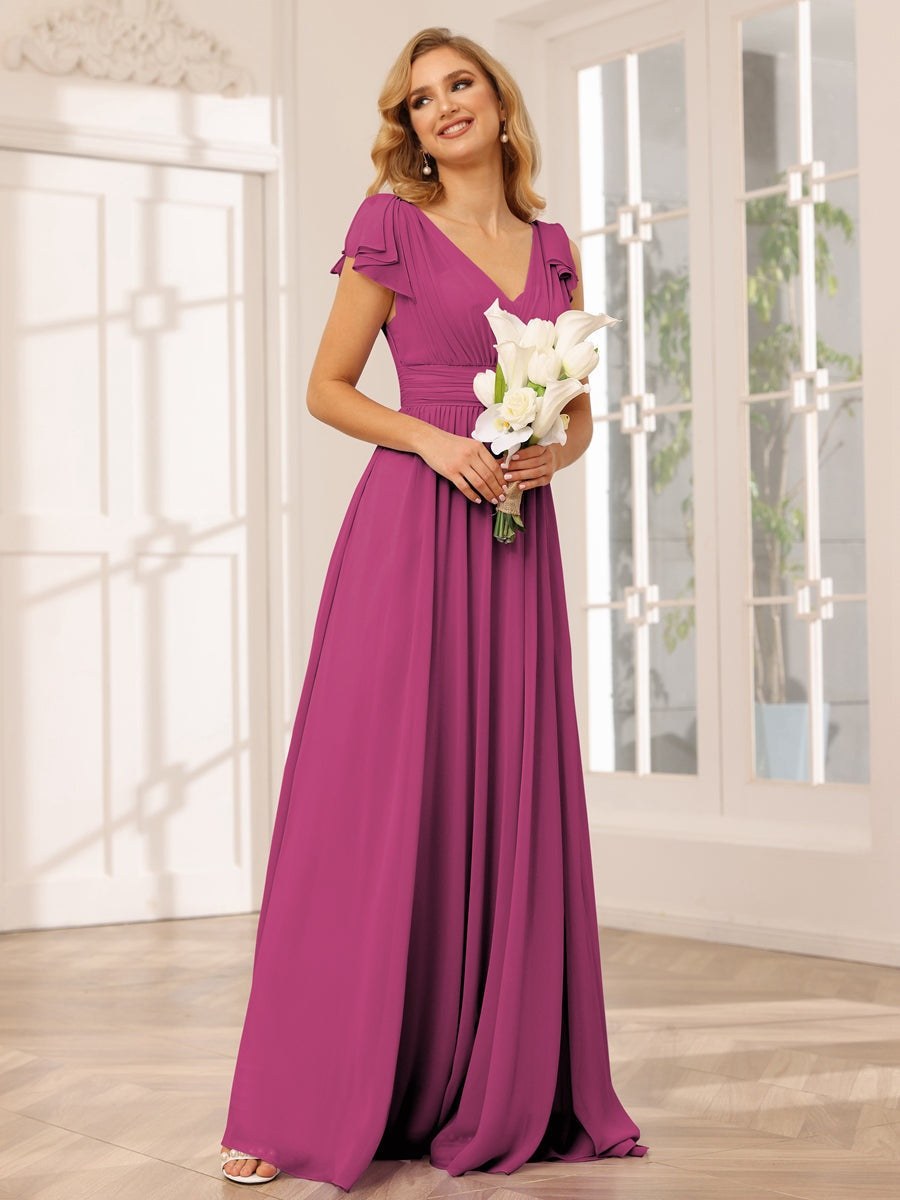 Ligne A/Princesse Col en V Manches Courtes Long Robes de Demoiselle d'Honneur avec Froufrous