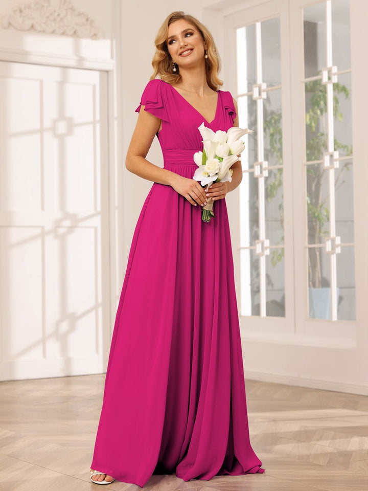 Ligne A/Princesse Col en V Manches Courtes Long Robes de Demoiselle d'Honneur avec Froufrous