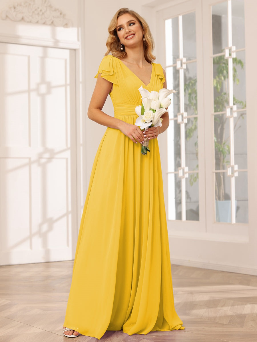 Ligne A/Princesse Col en V Manches Courtes Long Robes de Demoiselle d'Honneur avec Froufrous