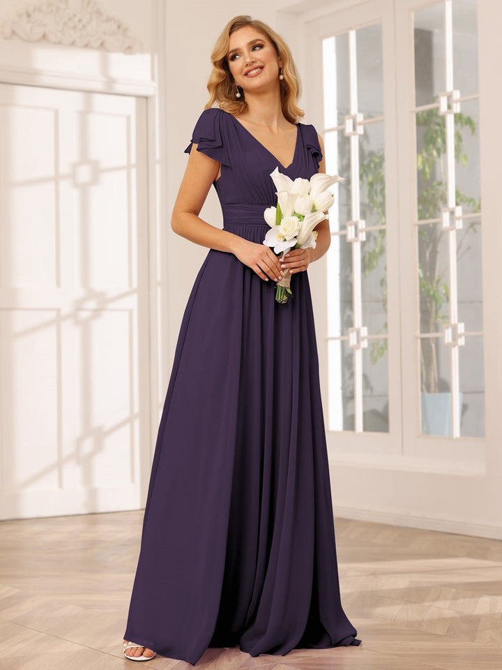 Ligne A/Princesse Col en V Manches Courtes Long Robes de Demoiselle d'Honneur avec Froufrous