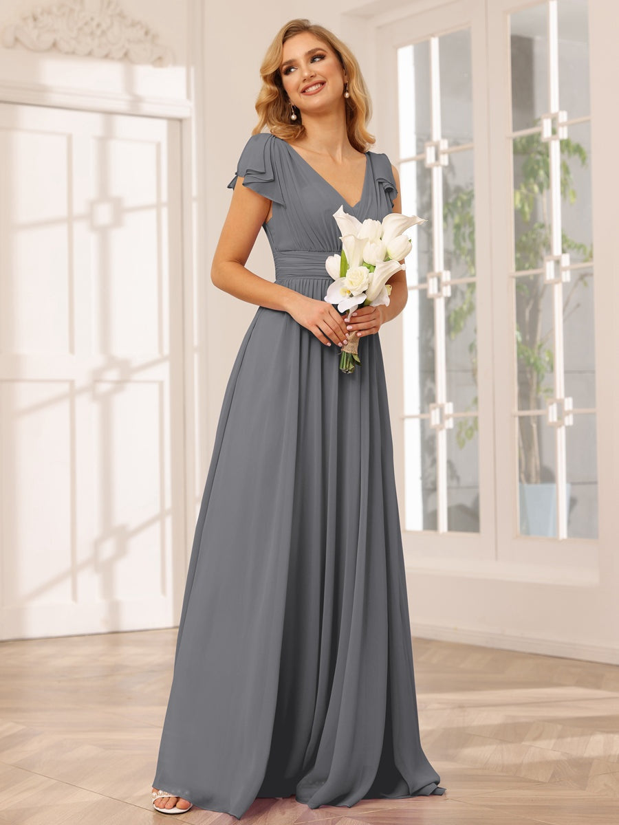 Ligne A/Princesse Col en V Manches Courtes Long Robes de Demoiselle d'Honneur avec Froufrous
