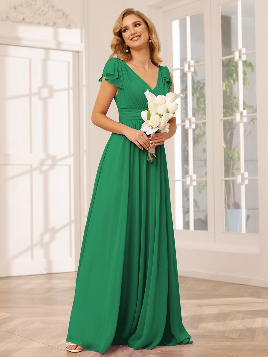 Ligne A/Princesse Col en V Manches Courtes Long Robes de Demoiselle d'Honneur avec Froufrous
