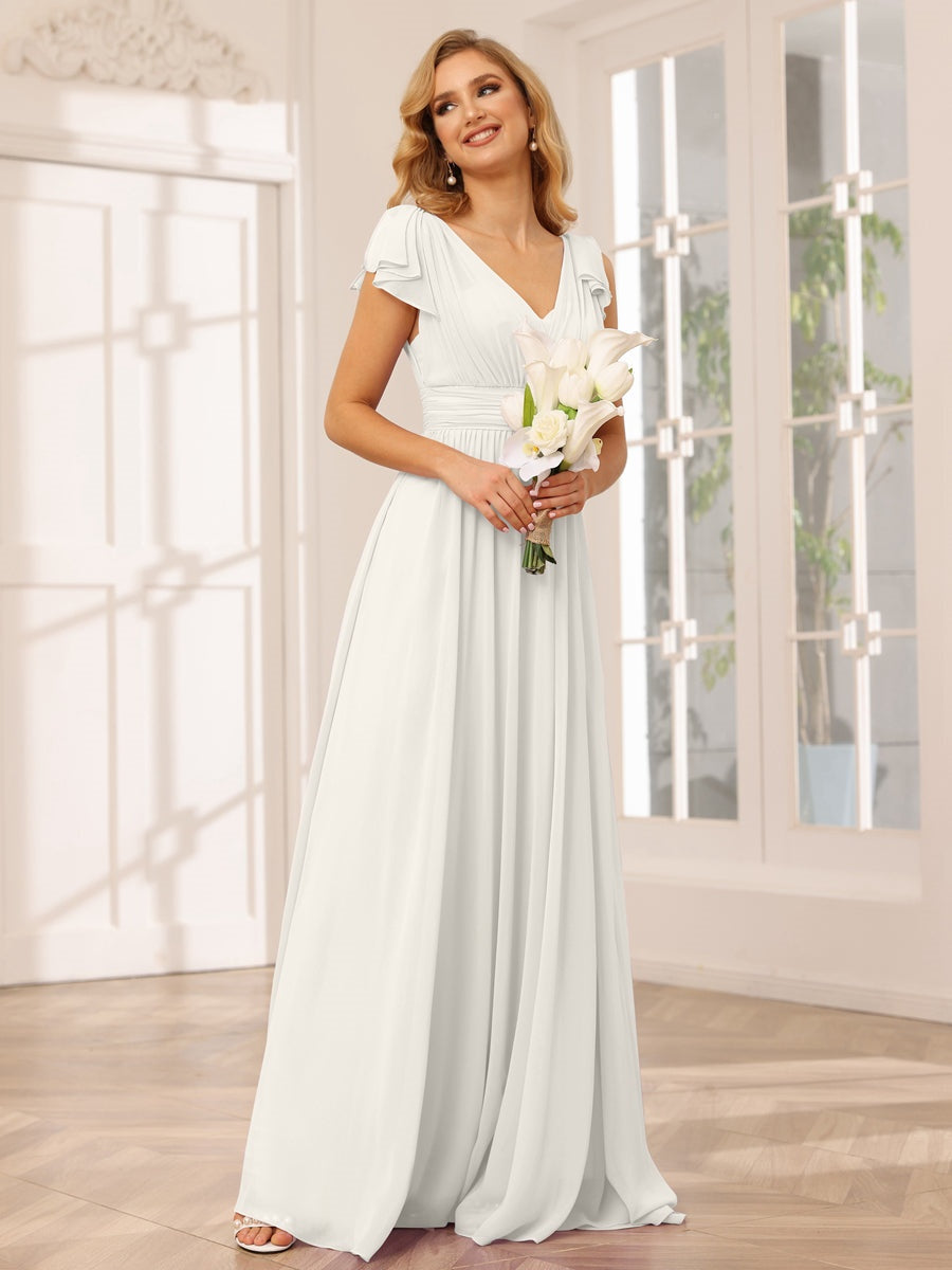 Ligne A/Princesse Col en V Manches Courtes Long Robes de Demoiselle d'Honneur avec Froufrous
