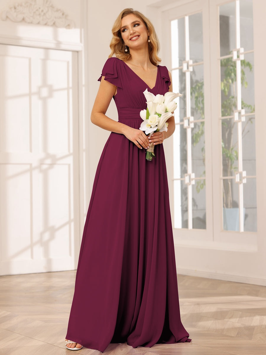 Ligne A/Princesse Col en V Manches Courtes Long Robes de Demoiselle d'Honneur avec Froufrous