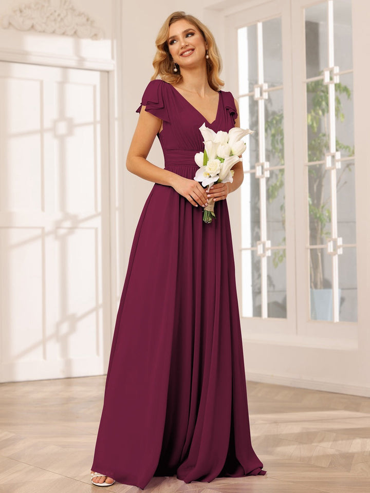 Ligne A/Princesse Col en V Manches Courtes Long Robes de Demoiselle d'Honneur avec Froufrous