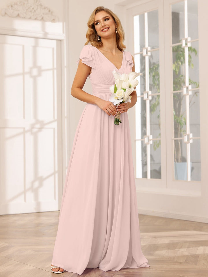 Ligne A/Princesse Col en V Manches Courtes Long Robes de Demoiselle d'Honneur avec Froufrous