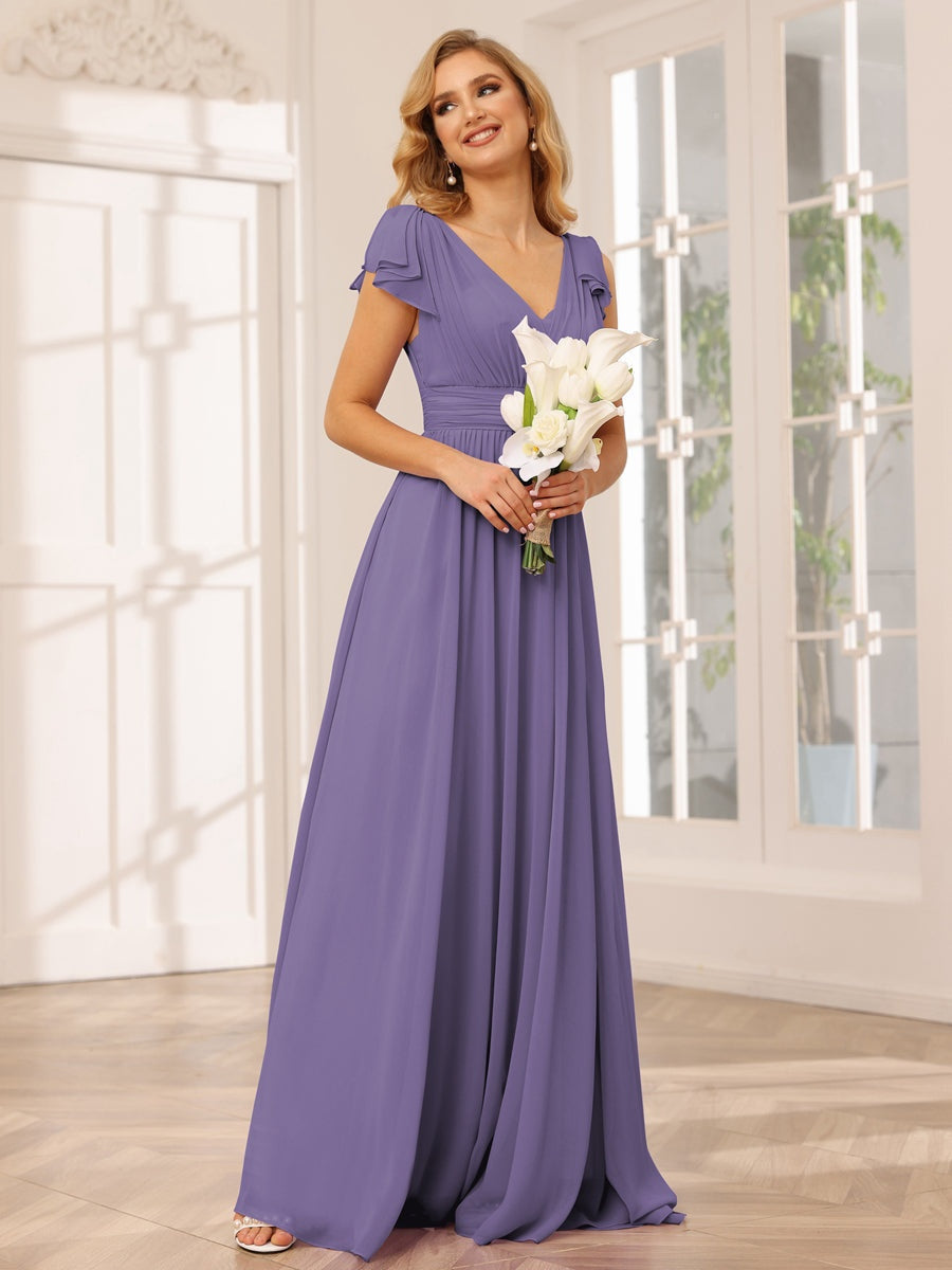 Ligne A/Princesse Col en V Manches Courtes Long Robes de Demoiselle d'Honneur avec Froufrous