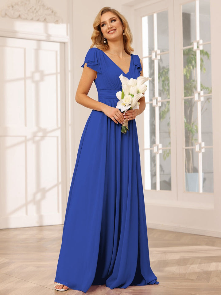 Ligne A/Princesse Col en V Manches Courtes Long Robes de Demoiselle d'Honneur avec Froufrous
