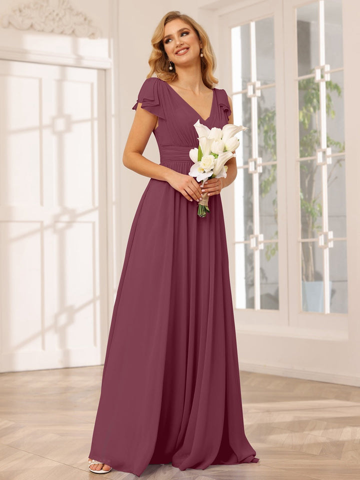 Ligne A/Princesse Col en V Manches Courtes Long Robes de Demoiselle d'Honneur avec Froufrous