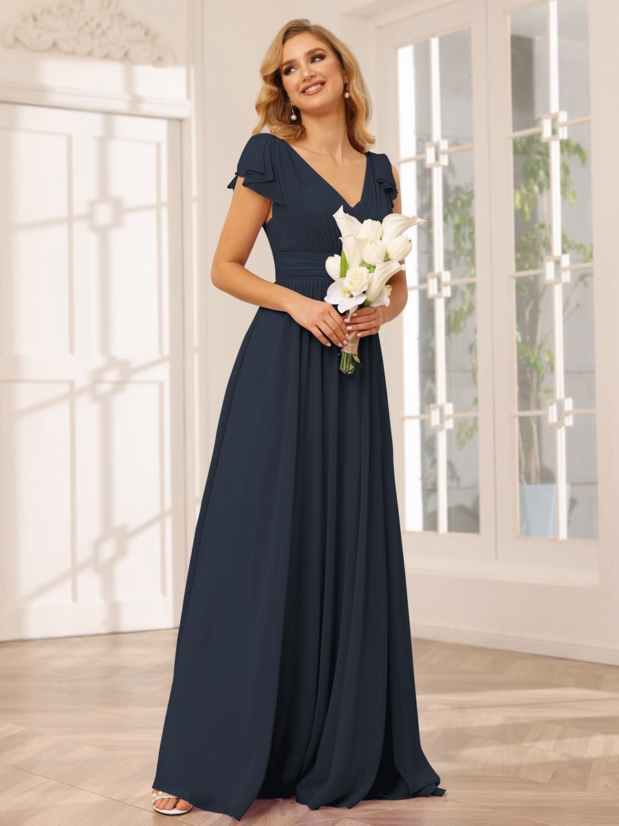 Ligne A/Princesse Col en V Manches Courtes Long Robes de Demoiselle d'Honneur avec Froufrous