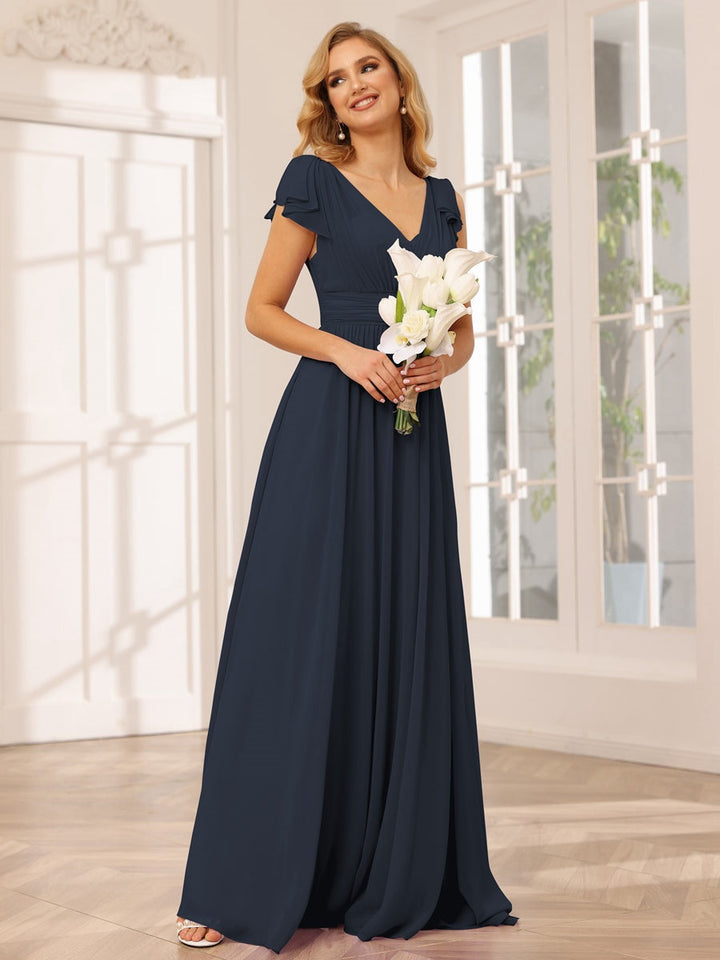 Ligne A/Princesse Col en V Manches Courtes Long Robes de Demoiselle d'Honneur avec Froufrous