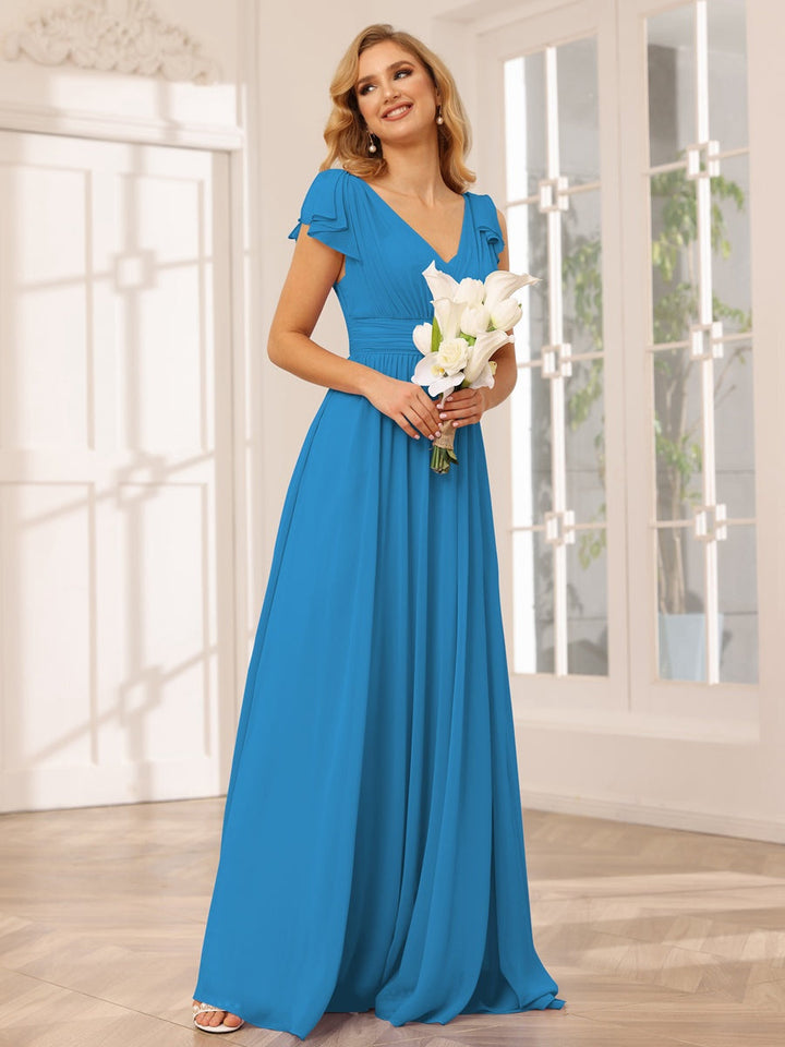 Ligne A/Princesse Col en V Manches Courtes Long Robes de Demoiselle d'Honneur avec Froufrous