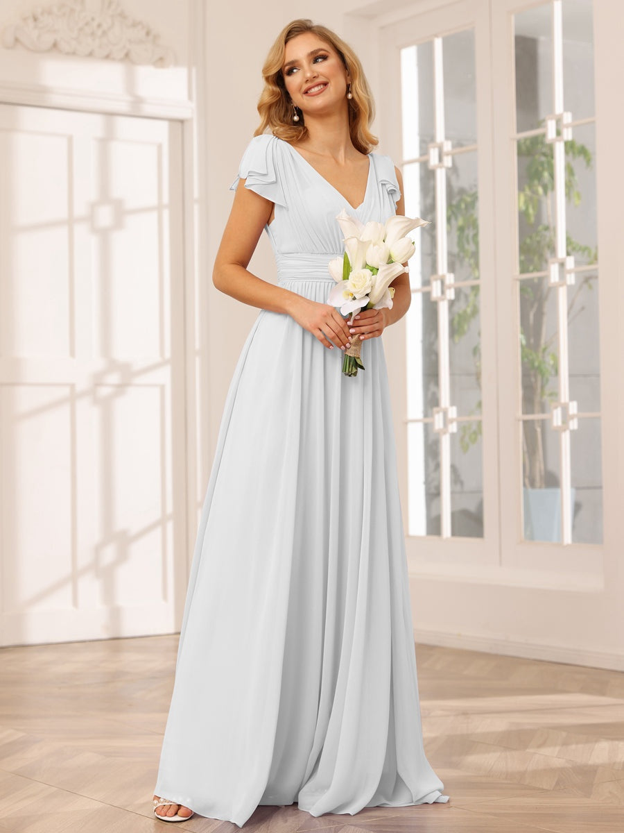 Ligne A/Princesse Col en V Manches Courtes Long Robes de Demoiselle d'Honneur avec Froufrous