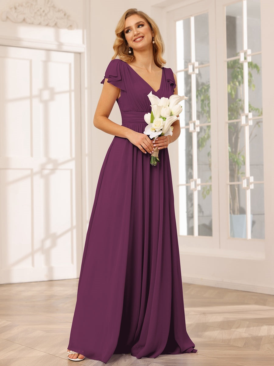 Ligne A/Princesse Col en V Manches Courtes Long Robes de Demoiselle d'Honneur avec Froufrous