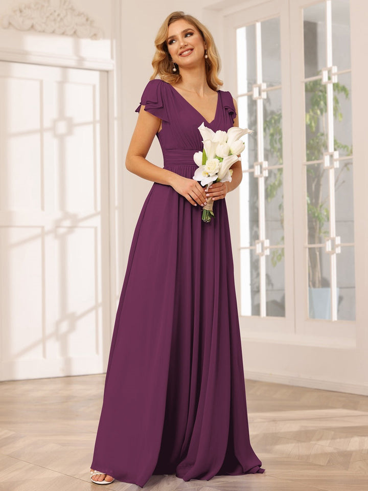 Ligne A/Princesse Col en V Manches Courtes Long Robes de Demoiselle d'Honneur avec Froufrous